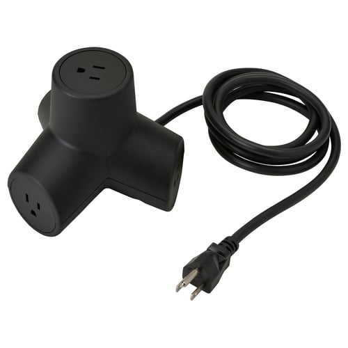 Black HORNFELS 4-port extension cord, angular design, made from recycled polycarbonate, silicone protection pads.