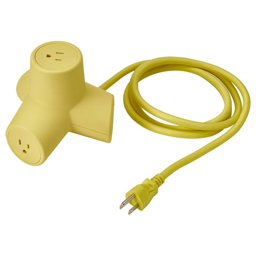 Yellow HORNFELS extension cord, 4-way, angled design, recycled polycarbonate, playful shape.