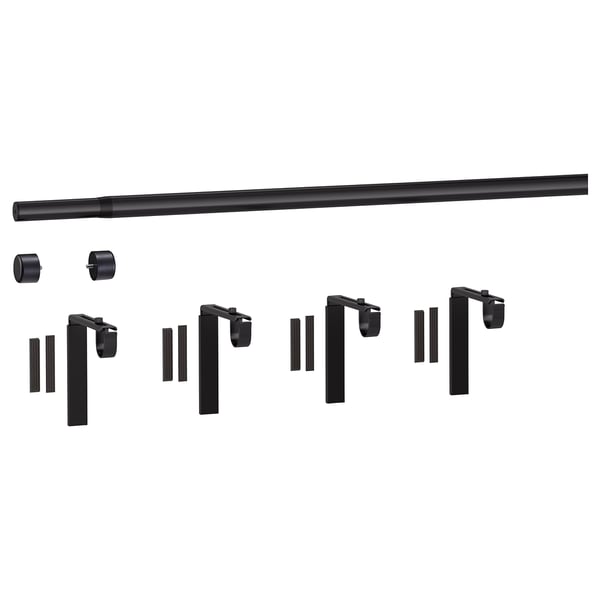 HUGAD Curtain rod combination, with wall/ceiling brackets/with finials black, 82 ¾-151 ½ "