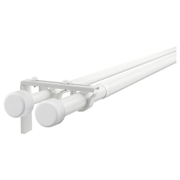 HUGAD / RÄCKA Double curtain rod combination, with wall/ceiling brackets/with finials white, 82 ¾-151 ½ "