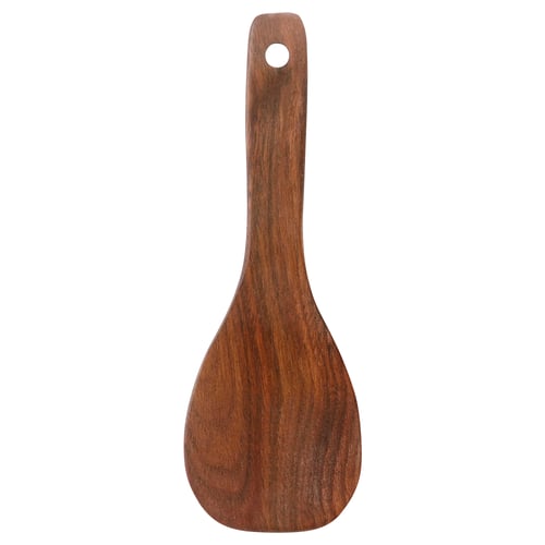 HULDHET wooden spatula, brown, teardrop-shaped, with handle hole for hanging.