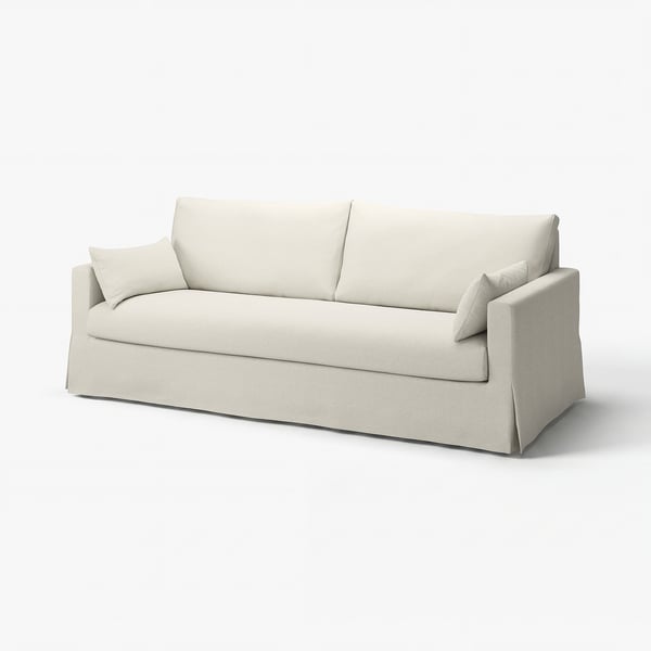 HYLTARP sofa, cream-colored, modern with clean lines, soft cushions, reversible back, light fabric with linen elements.