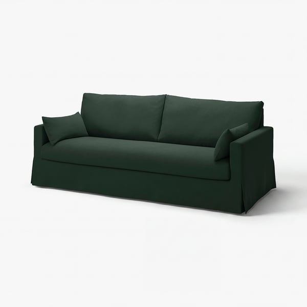 Dark green sofa, modern & cosy, removable cover, clean lines, high resilience foam.