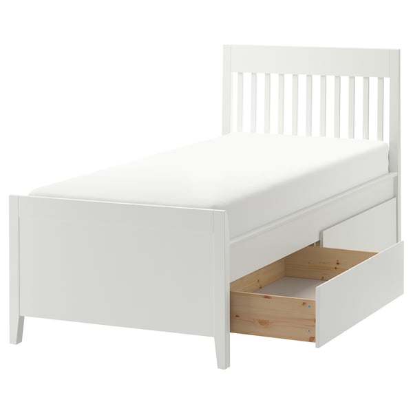 A white IDANÄS bed frame with built-in drawers and a wooden headboard. Its simple and functional, with a sturdy design.