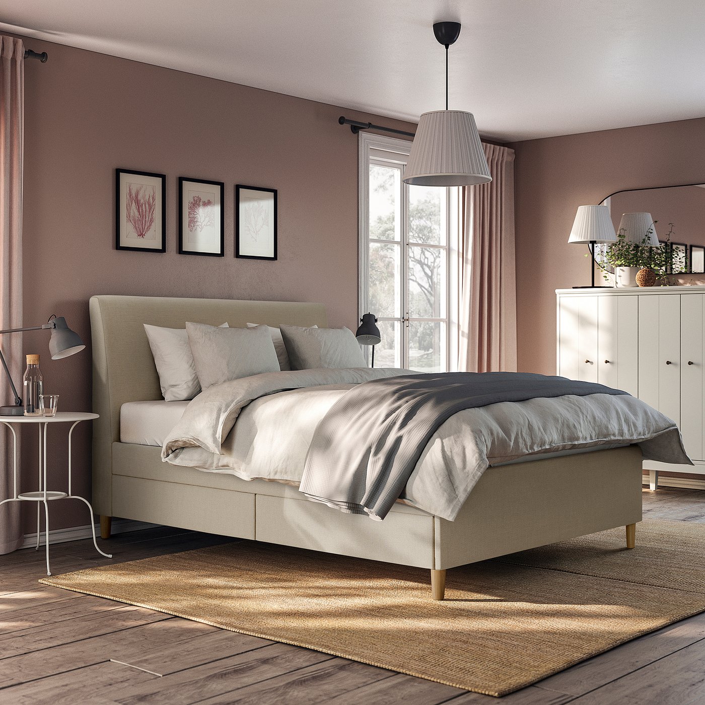 IDANÄS upholstered storage bed, Naggen beige, Queen - IKEA