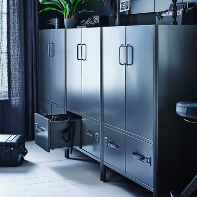 IDÅSEN Cabinet with doors and drawers, dark gray, 31 1/2x18 1/2x46 7/8 "