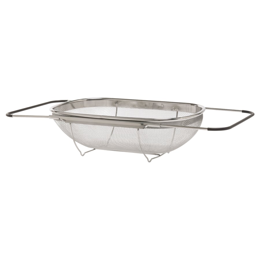Stainless steel colander with adjustable plastic handles for hanging, ideal for sinks.