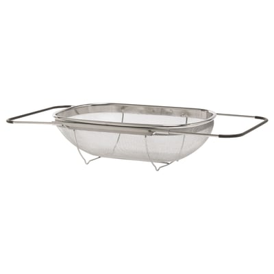 Stainless steel colander with adjustable plastic handles for hanging, ideal for sinks.