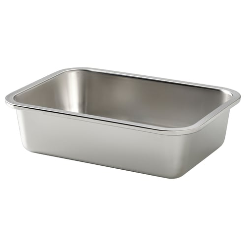 A stainless steel rectangular container by IKEA. It has straight edges and a sleek, modern design, ideal for food storage.