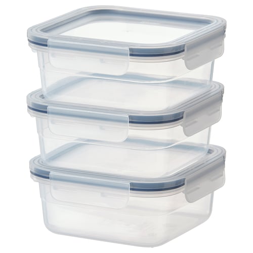 Three clear square IKEA 365+ food containers with snap-lock lids, stacked neatly.