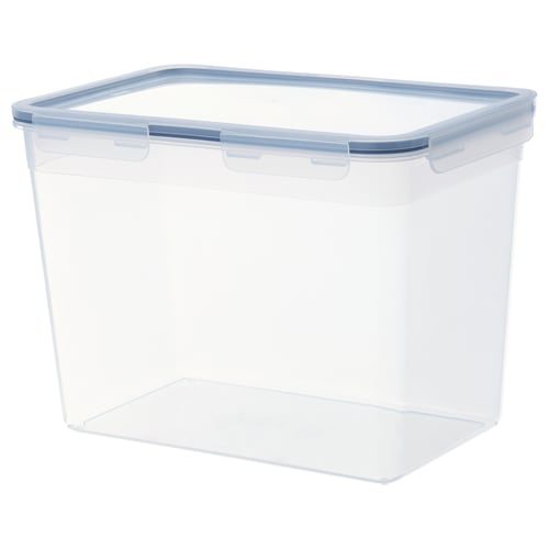 IKEA 365+ clear rectangular plastic container with blue lid, leak-proof, stackable.