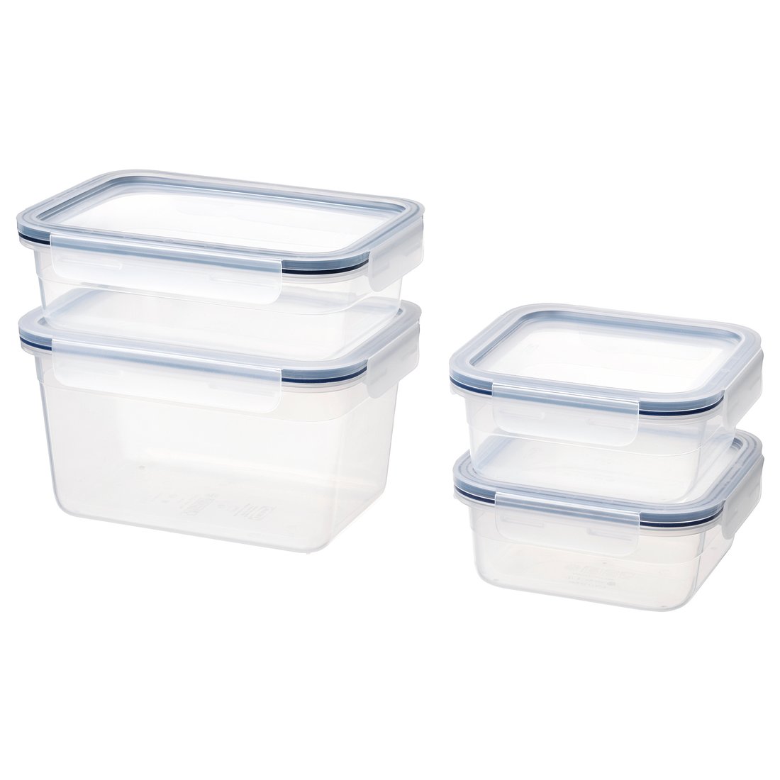 IKEA 365+ clear plastic food containers with blue lids, stackable, leak-proof.