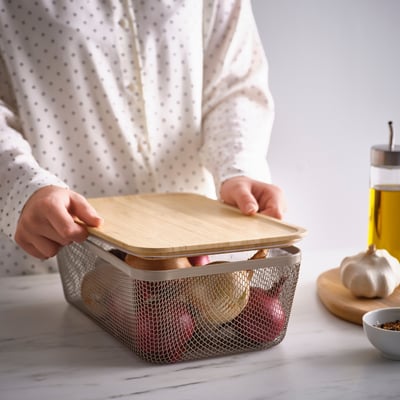 IKEA 365+ Food storage basket with lid, rectangular metal/light gray-brown bamboo, 12 5/8x8 1/4x5 1/8 "