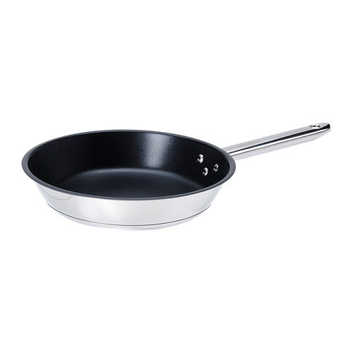 IKEA 365+ stainless steel frying pan with black non-stick interior. Round shape, long handle. Durable and easy to clean.