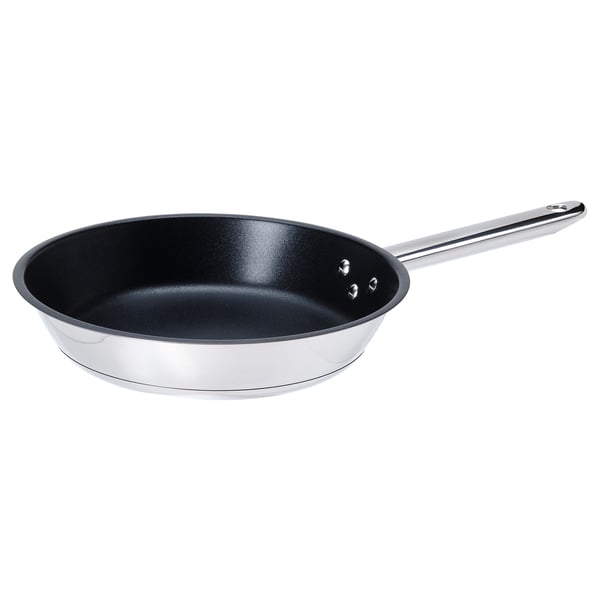 An IKEA 365+ non-stick stainless steel frying pan. Its black with a silver handle, round and designed for easy cooking and cleaning.