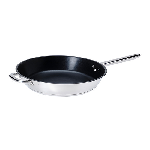 IKEA 365+ stainless steel frying pan, black interior, silver handles, round shape, non-stick.