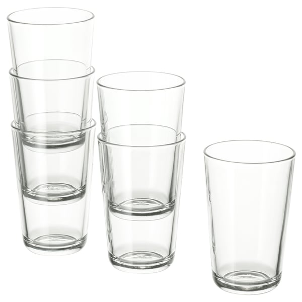 IKEA 365+ clear tempered glass drinkware set; varied sizes and shapes, stackable, stylish, simple design.