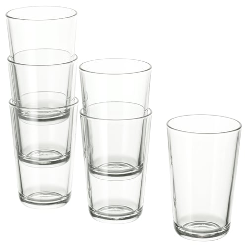 IKEA 365+ clear tempered glass drinkware set; varied sizes and shapes, stackable, stylish, simple design.