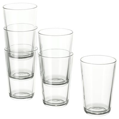 IKEA 365+ clear tempered glass drinkware set; varied sizes and shapes, stackable, stylish, simple design.