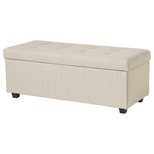 INNDYR storage bench, beige, rectangular, tufted, fabric, wooden legs.
