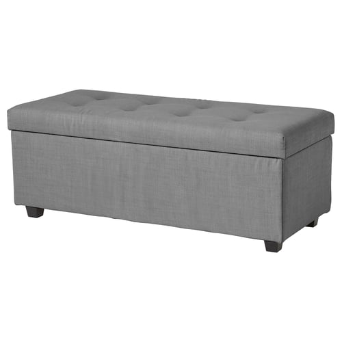 INNDYR grey fabric storage ottoman with tufted lid.