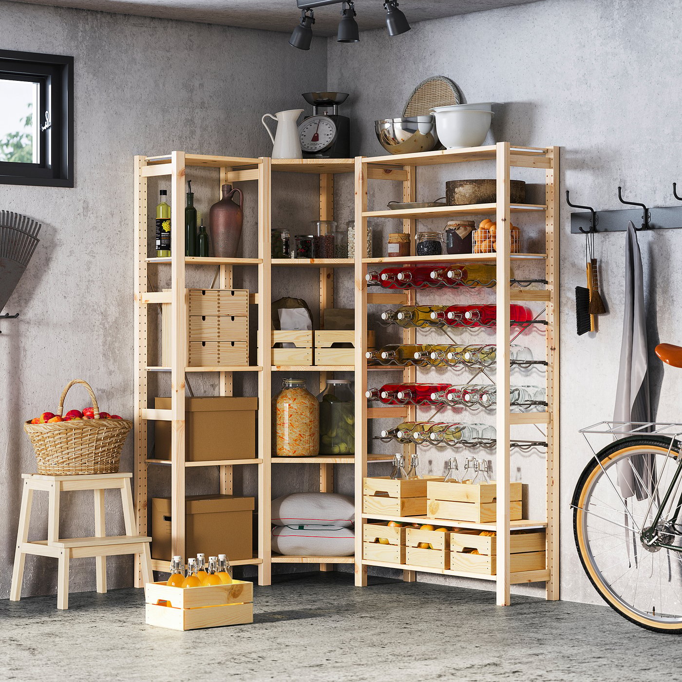 IVAR 3 sections/corner, with bottle racks/pine, 403/4/567/8x113