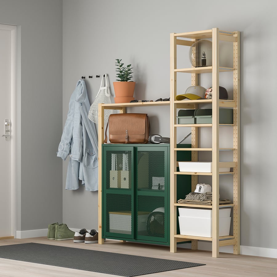 IVAR Shelf unit w pine/green mesh, 523/4x113/4x701/2