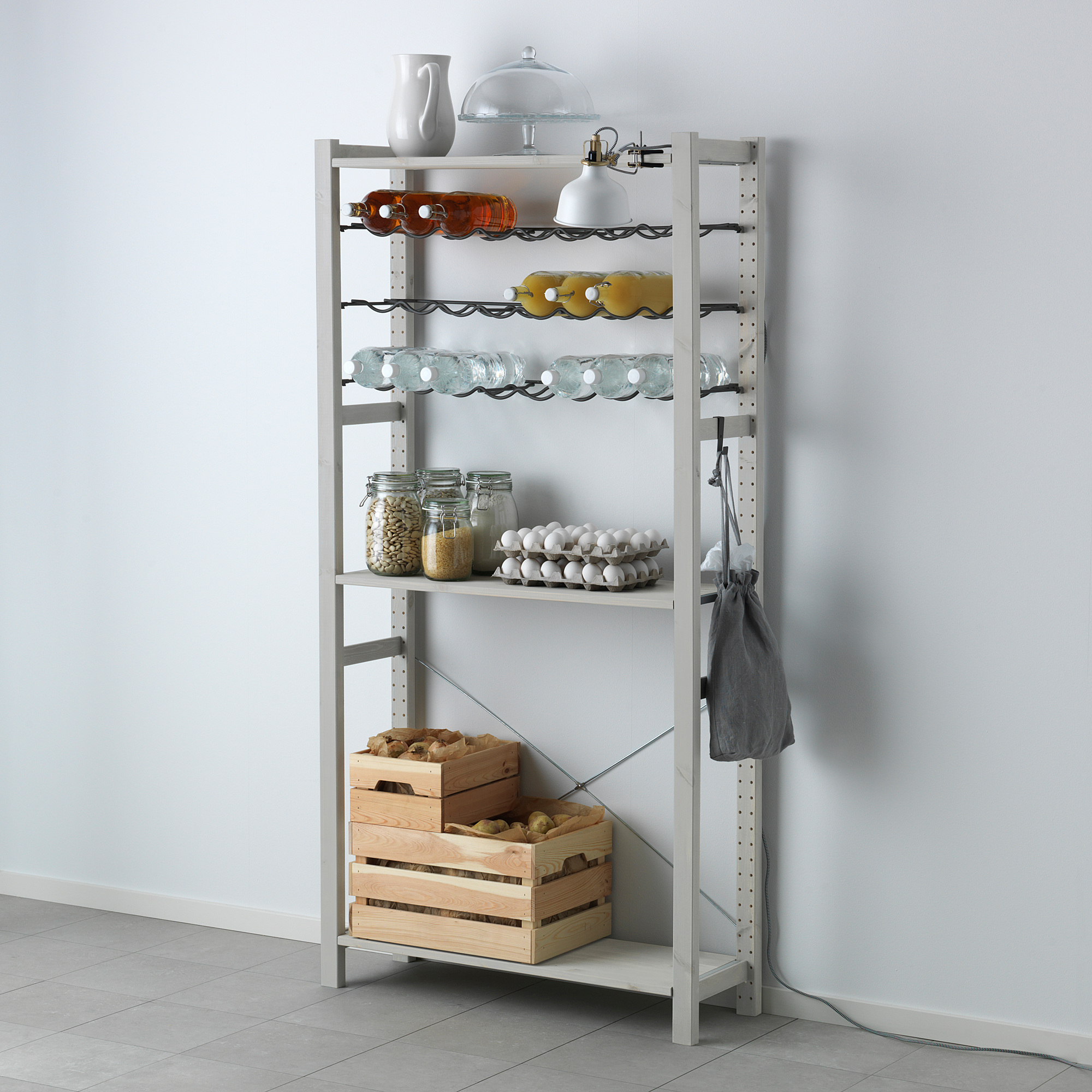 IVAR Shelving unit with bottle racks, pine, gray, Width 35" Height 70
