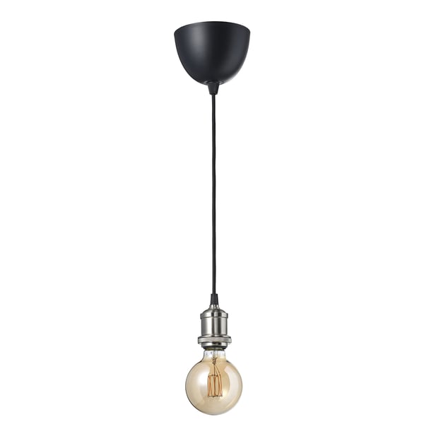 JÄLLBY / MOLNART Pendant lamp with LED bulb, textile nickel plated/globe brown clear glass