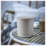 JÄMLIK Scented candle in ceramic jar w lid, Vanilla/light beige, 60 hr