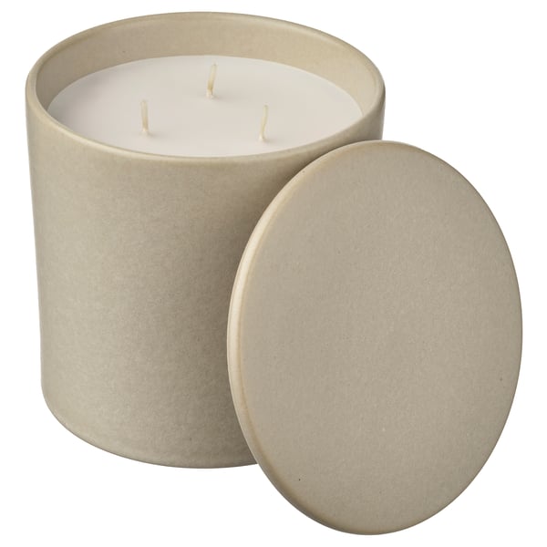 JÄMLIK Scented candle in ceramic jar w lid, Vanilla/light beige, 60 hr