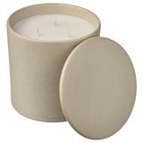 JÄMLIK Scented candle in ceramic jar w lid, Vanilla/light beige, 60 hr