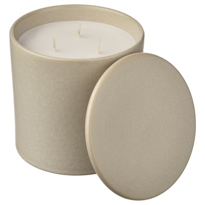 JÄMLIK Scented candle in ceramic jar w lid, Vanilla/light beige, 60 hr