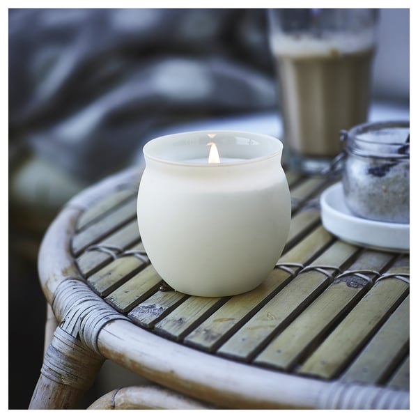 JÄMLIK scented candle in glass, Vanilla/light beige, 50 hr - IKEA