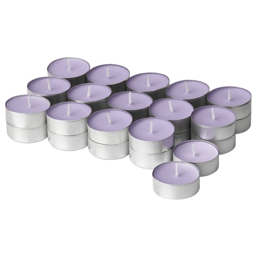 Pack of purple tear-shaped candles in silver holders.