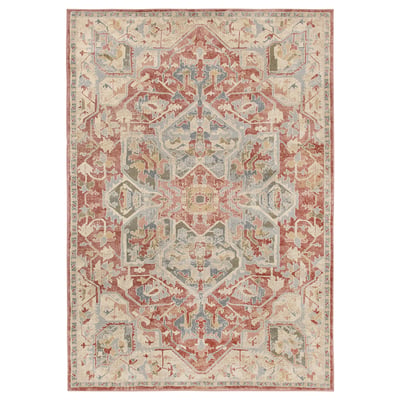 Colourful rectangular rug with intricate patterns in shades of blue, red, and beige. Traditional geometric designs, made from polyester and jute.