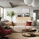 Modern living room JÄTTEBO white modular sofa with red accents, wooden cabinets, and a large tree.