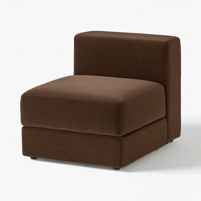 Brown, square, l-shaped corner chair with textured fabric.
