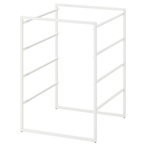 A white JONAXEL steel storage rack with a minimalist design, ideal for organising items in various spaces including bathrooms.
