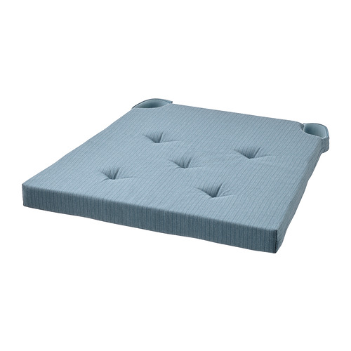 A blue square cushion, JUSTINA, with two handles and tufted design, made of cotton and foam.