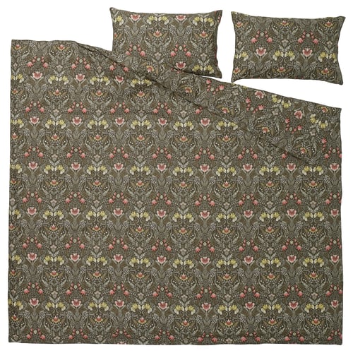 KÄRRDUNÖRT duvet cover and pillowcase(s), dark green/multicolor, King