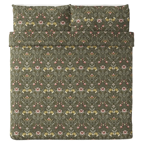 KÄRRDUNÖRT bedding set: dark green, floral print, cotton & lyocell, rectangular.