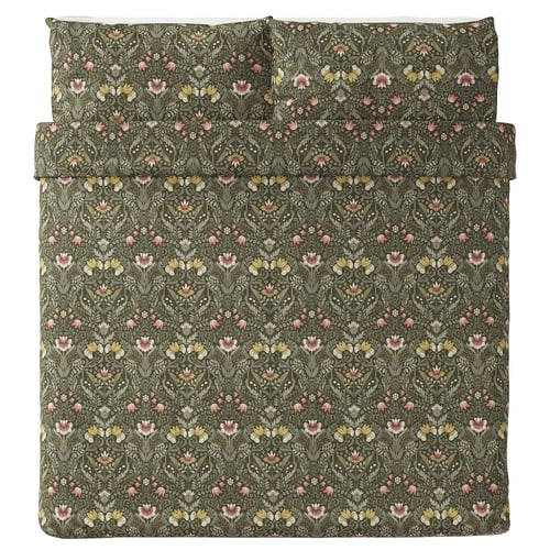 KÄRRDUNÖRT bedding set: dark green, floral print, cotton & lyocell, rectangular.