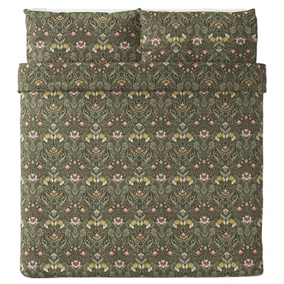 KÄRRDUNÖRT bedding set: dark green, floral print, cotton & lyocell, rectangular.