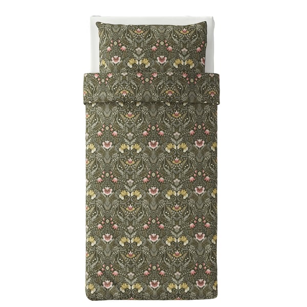 KÄRRDUNÖRT duvet cover & pillowcase set: earthy floral print, dark green. 85% cotton, 15% lyocell. Rectangular, detailed pattern.