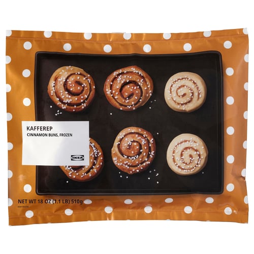 IKEAs KAFFEREP cinnamon buns in packaging. Six frozen, sugary-sprinkled pastries on a tray.