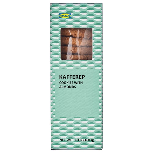 IKEA KAFFEREP cookies box with almonds. Green patterned packaging, 5. 6 oz.