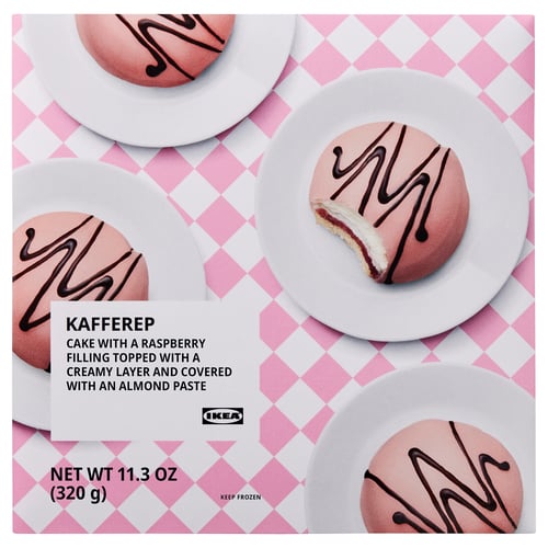 Image displays multiple pink iced cakes with chocolate drizzle on white plates, labelled KAFFEREP by IKEA, a swedish berry cream cake.