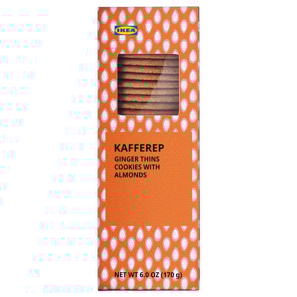 Orange boxed IKEA KAFFEREP ginger thins with almonds. Perfect for coffee breaks.