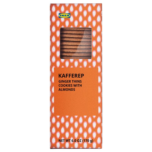 Orange boxed IKEA KAFFEREP ginger thins with almonds. Perfect for coffee breaks.